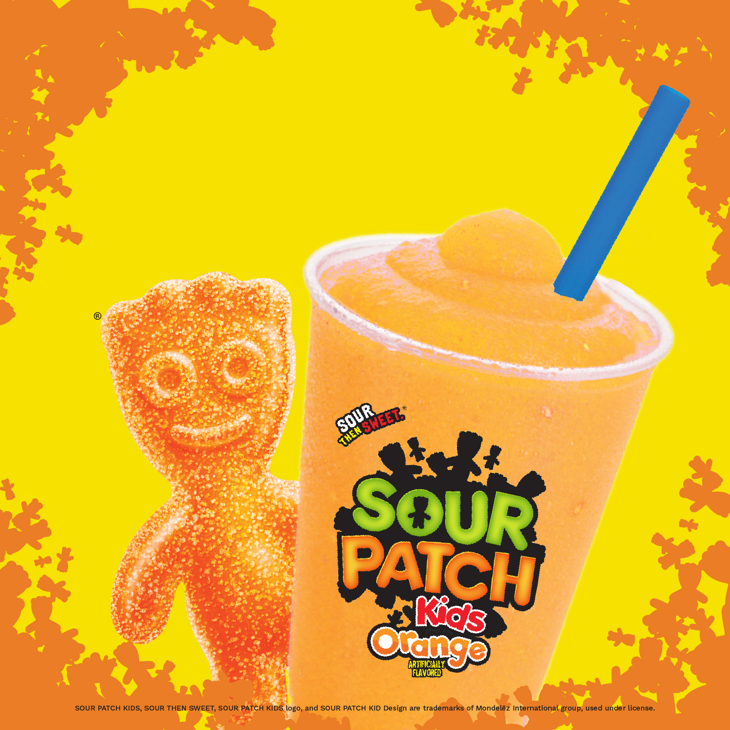 Sour Patch Kids Orange Frozen Uncarbonated slush with branded background