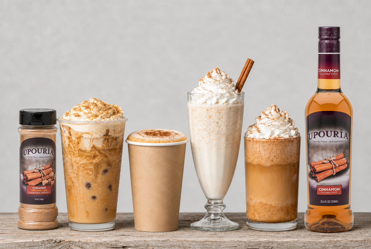 Cinnamon flavored beverage drinks with Upouria Syrup and Topper products